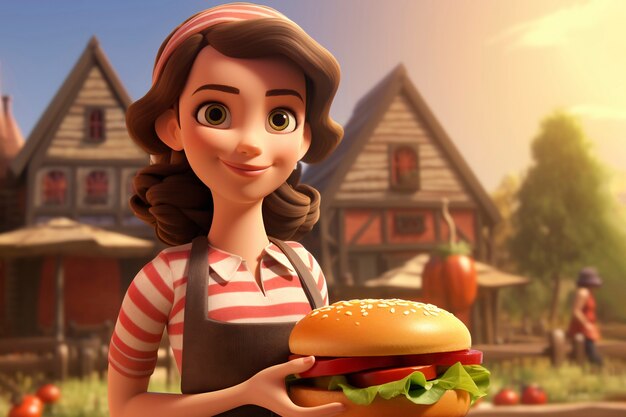 Medium shot cartonish woman with burger