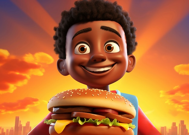 Free photo medium shot cartoonish boy with burger