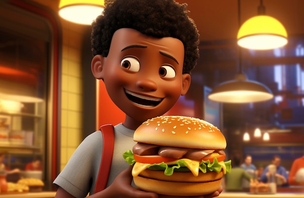 Free photo medium shot cartoonish boy with burger