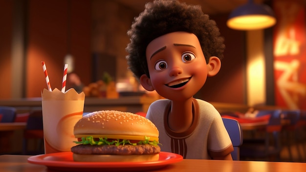 Free photo medium shot cartoonish boy with burger