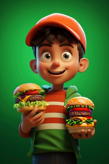 Free photo medium shot cartoonish boy with burger