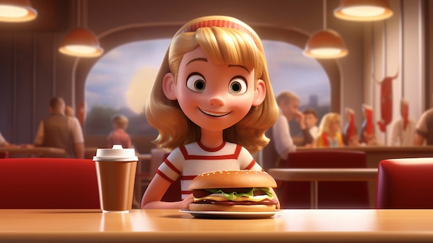 Free photo medium shot cartoonish girl with burger