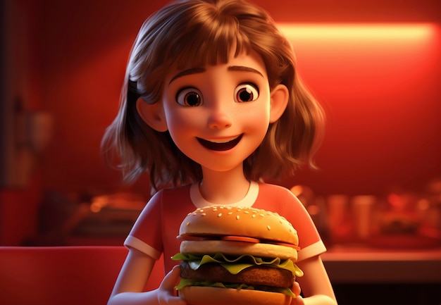 Medium shot cartoonish girl with burger