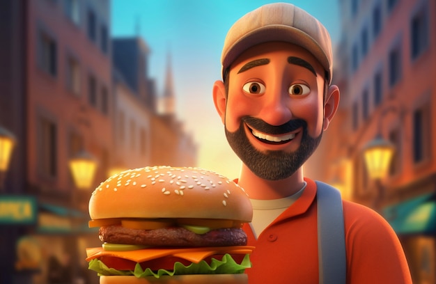 Medium shot cartoonish man with burger