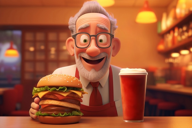 medium shot cartoonish old man with burger