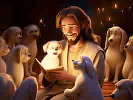 Free photo medium shot  cartoony jesus surrounded by animals