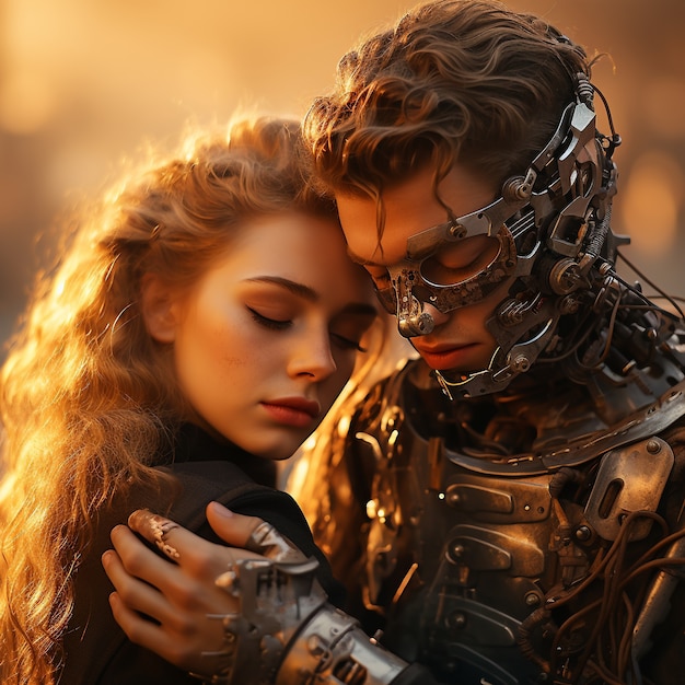 Free photo medium shot couple hugging fantasy world