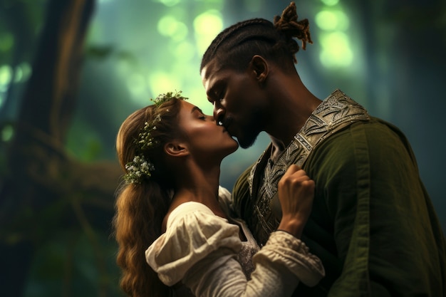 Free photo medium shot couple kissing in fantasy background