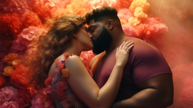 Foto gratuita coppa media di coppia che si bacia sullo sfondo della fantasia