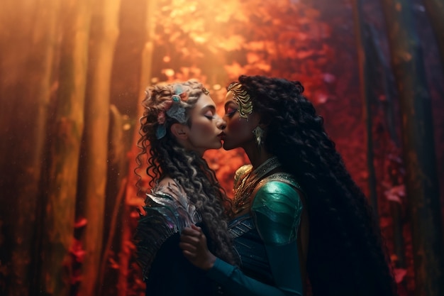 Бесплатное фото Средний кадр пары, целующейся на фоне фантазии.