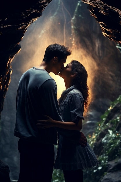 Medium shot couple kissing with fantasy background