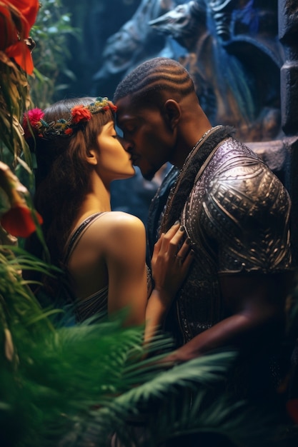 Medium shot couple kissing with fantasy background