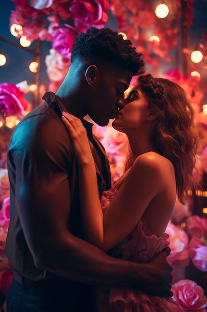 Foto gratuita coppa media di coppia che si bacia con uno sfondo fantastico