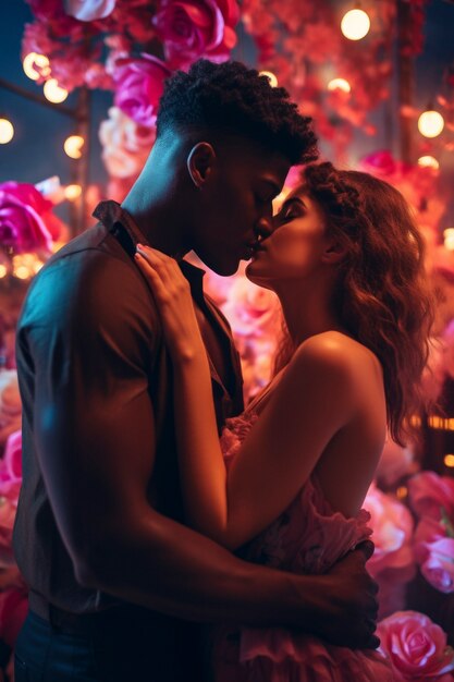 Medium shot couple kissing with fantasy background