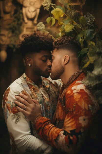 Medium shot couple kissing with fantasy background