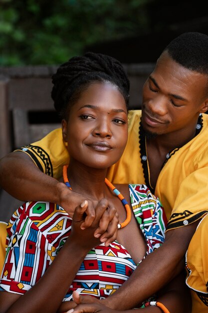 Medium shot couple wearing native attire