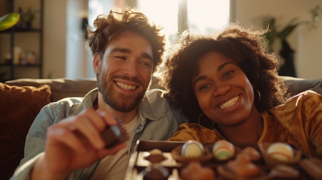 Free photo medium shot couple with delicious chocolate