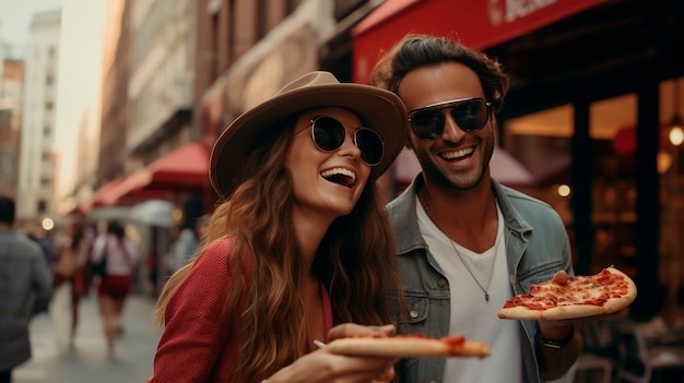 Medium shot couple with delicious pizza