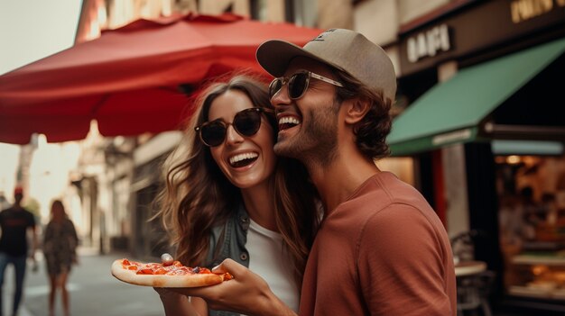 Medium shot couple with delicious pizza