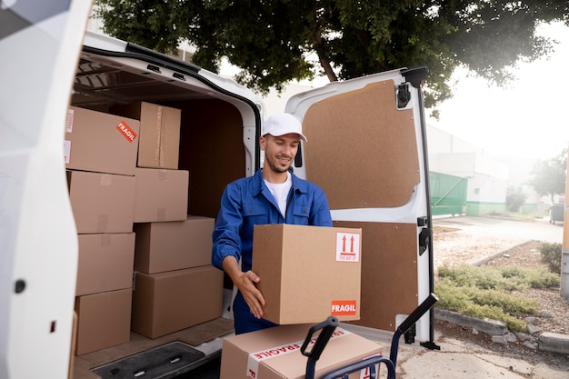 Medium shot delivery man holding box