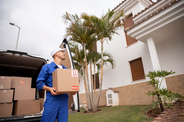 Medium shot delivery man holding box