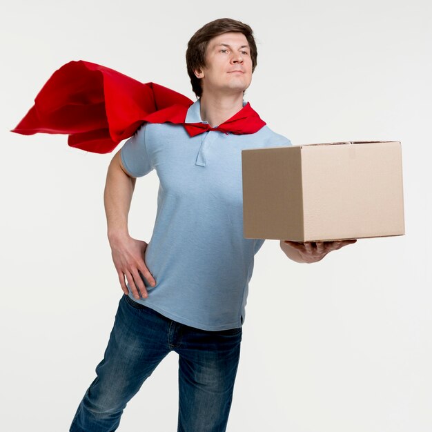 Medium shot delivery man with cape