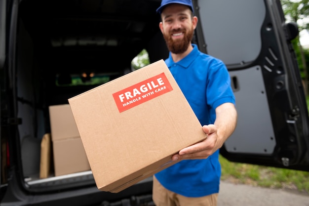 Free photo medium shot delivery man with fragile box