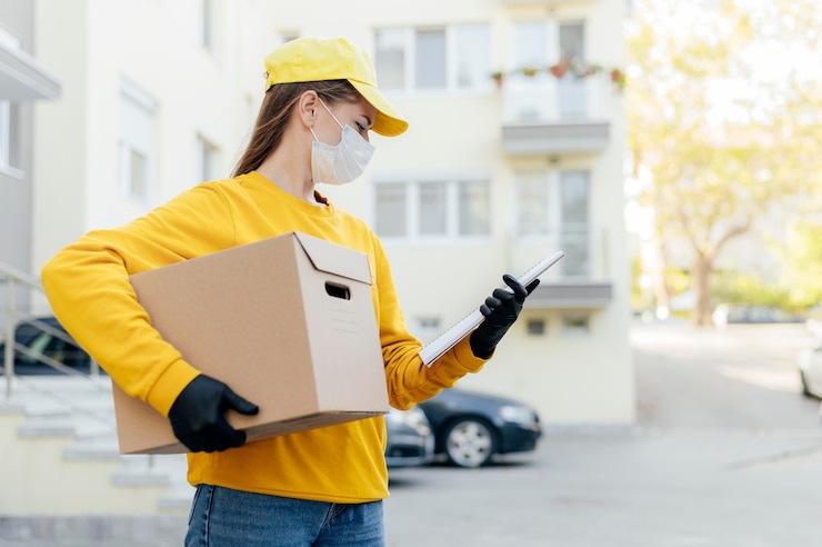Free Photo medium shot delivery woman holding box