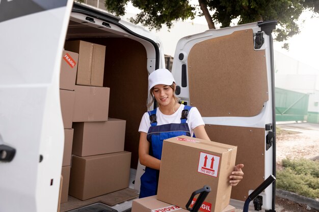 Medium shot delivery woman holding pack