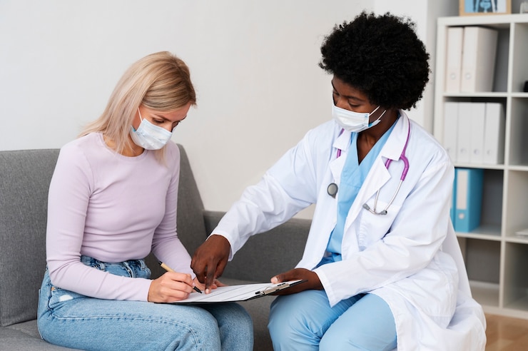Free Photo medium shot doctor and patient with face mask