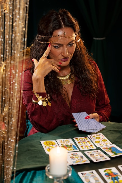 Free photo medium shot experienced fortune teller with tarot cards