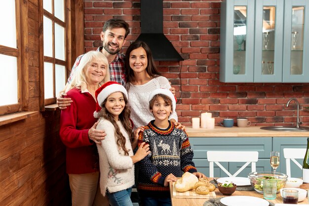 Medium shot family gathering in the kitchen