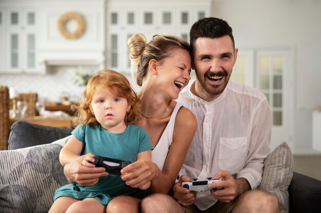 Medium shot family playing video games