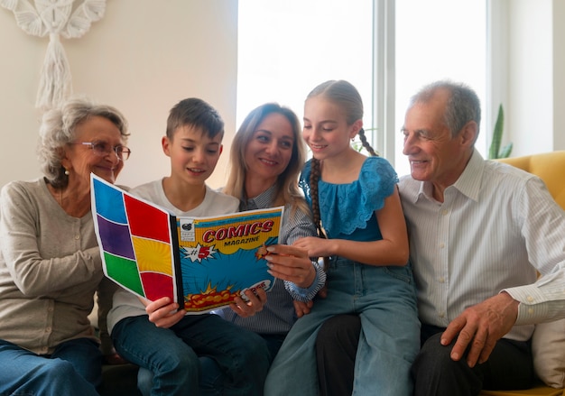 Medium shot family reading comics together