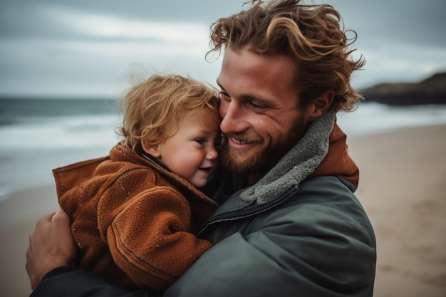 Free photo medium shot father holding baby