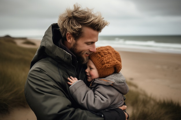 Free photo medium shot father holding baby