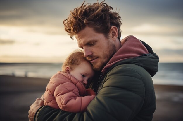 Free photo medium shot father holding baby