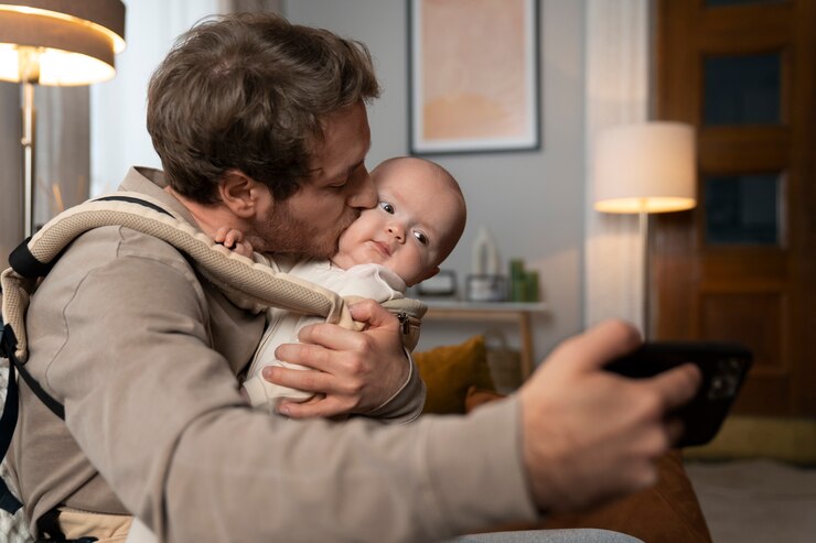 Free Photo medium shot father taking selfie with baby