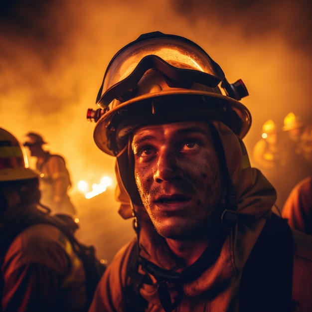 Free photo medium shot firefighter trying to put out wildfire