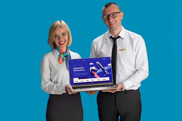 medium shot  flight attendants with laptop