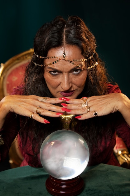 Free photo medium shot fortune teller with crystal globe