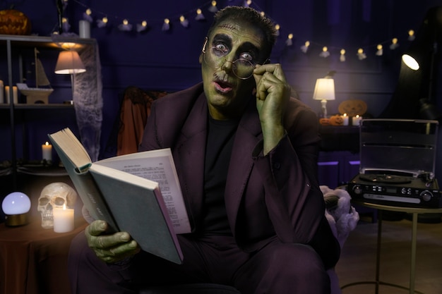 Free photo medium shot frankenstein reading book