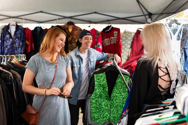 Medium shot friends looking at clothes