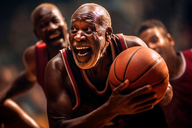 Free photo medium shot friends playing basketball