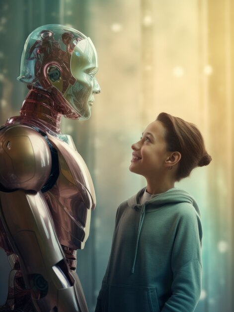 Medium shot  futuristic parent and kid
