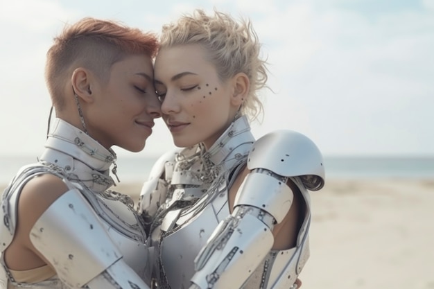 Free photo medium shot futuristic romantic couple