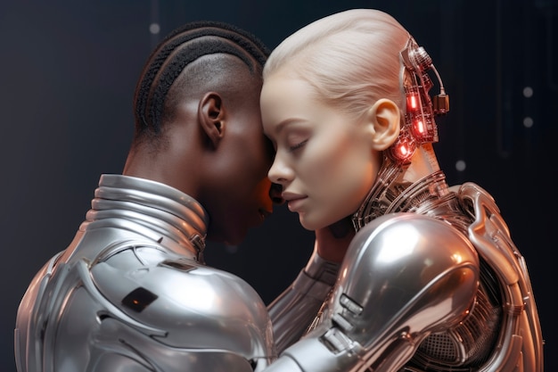 Medium shot futuristic romantic couple