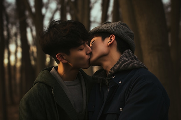 Free photo medium shot gay couple kissing