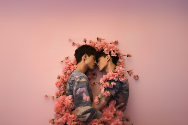 Medium shot gay couple posing with flowers