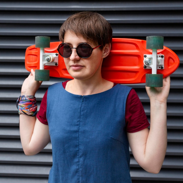 Free photo medium shot girl holding penny board